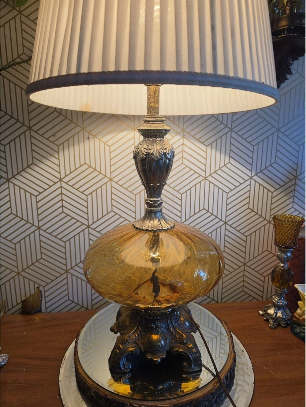 Vintage Midcentury Hollywood Regency Amber Glass Optic Swirl Globe Table Lamp